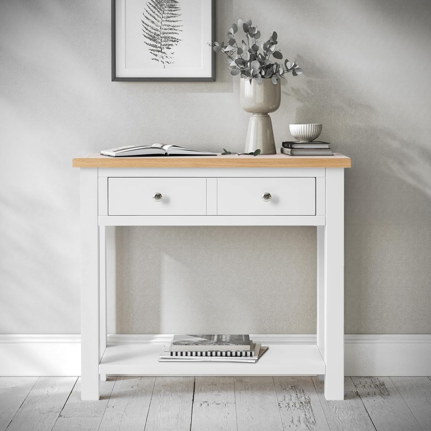 Wide White Oak Console Table with Drawer & Shelf, Hallway Storage