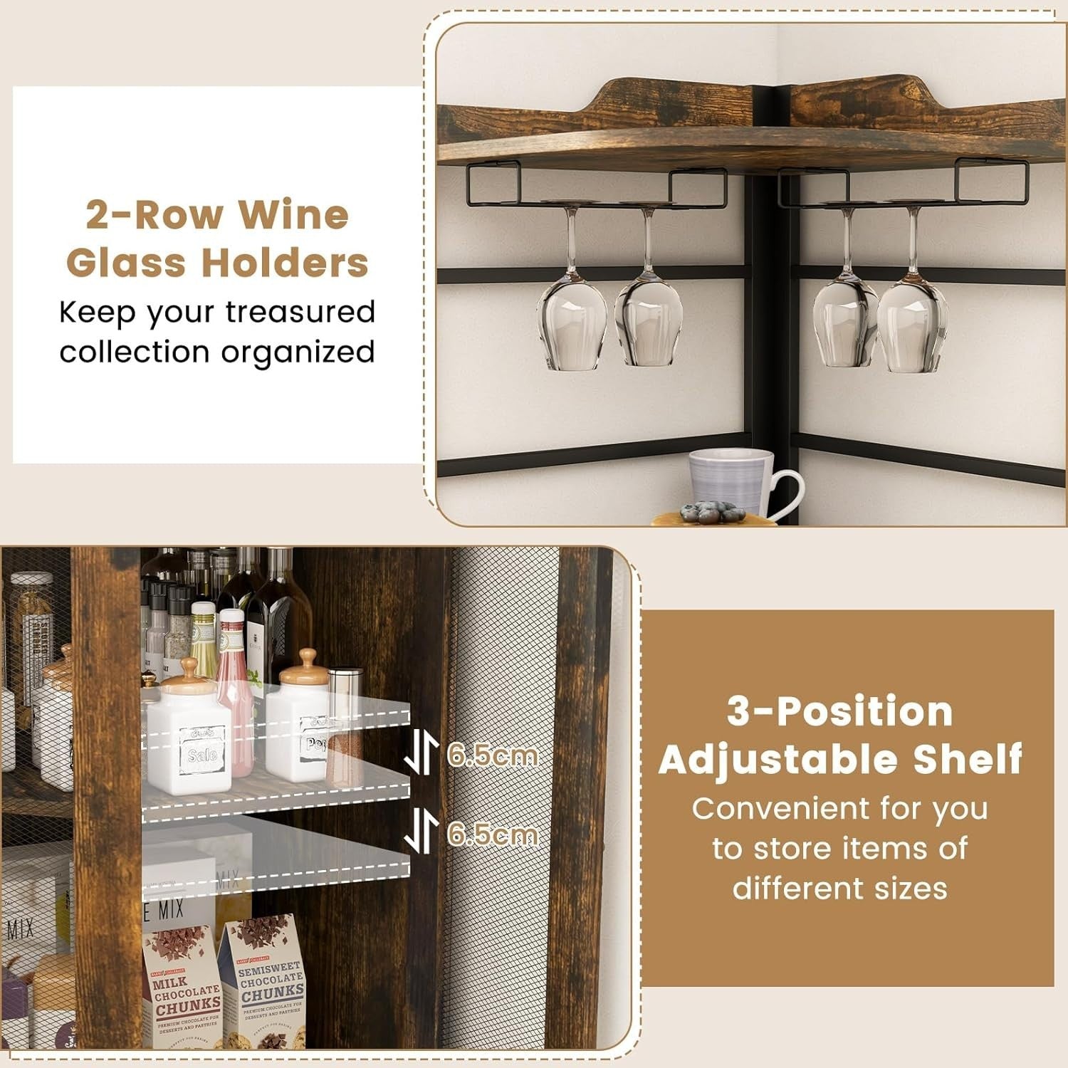 Corner Bar Cabinet Rustic Brown Wine Glass Rack & Liquor Storage Shelves Unit