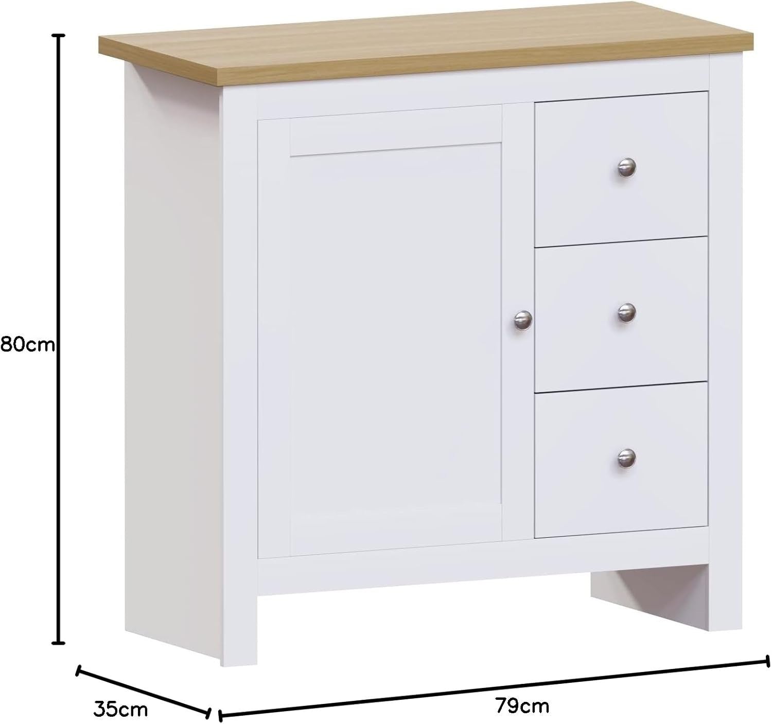 White Sideboard Cabinet with 3 Drawers Oak Top Storage Unit Hallway Slim