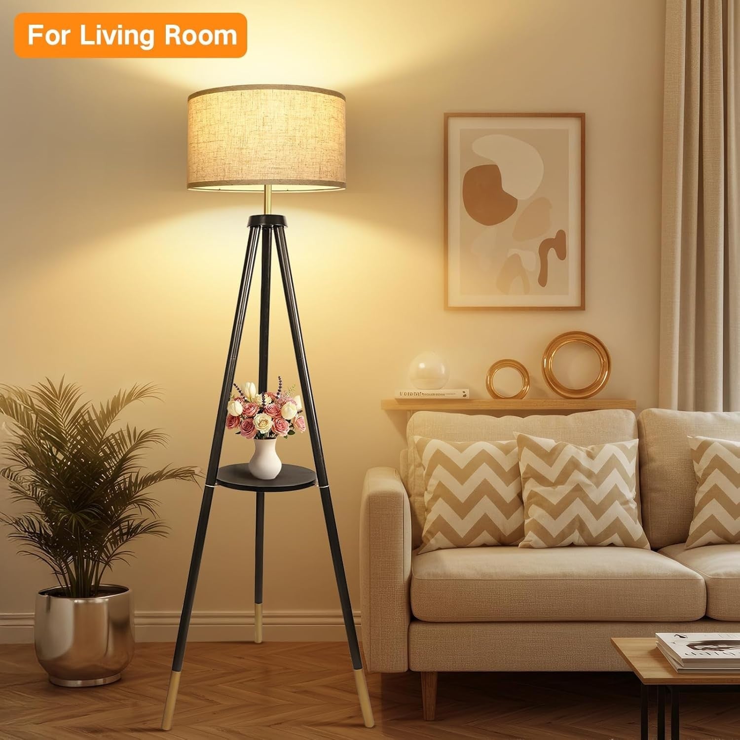 Adjustable Wooden Tripod Floor Lamp with Remote, Timer & Storage Shelf