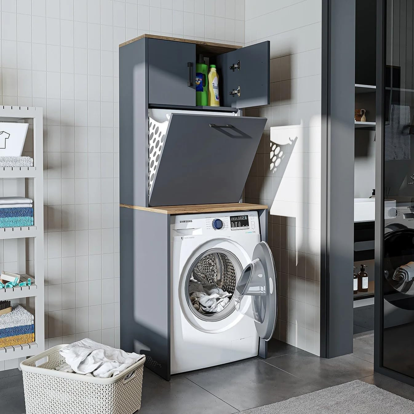 Anthracite Oak Washing Machine Cabinet with Cupboards & Laundry Basket 180cm