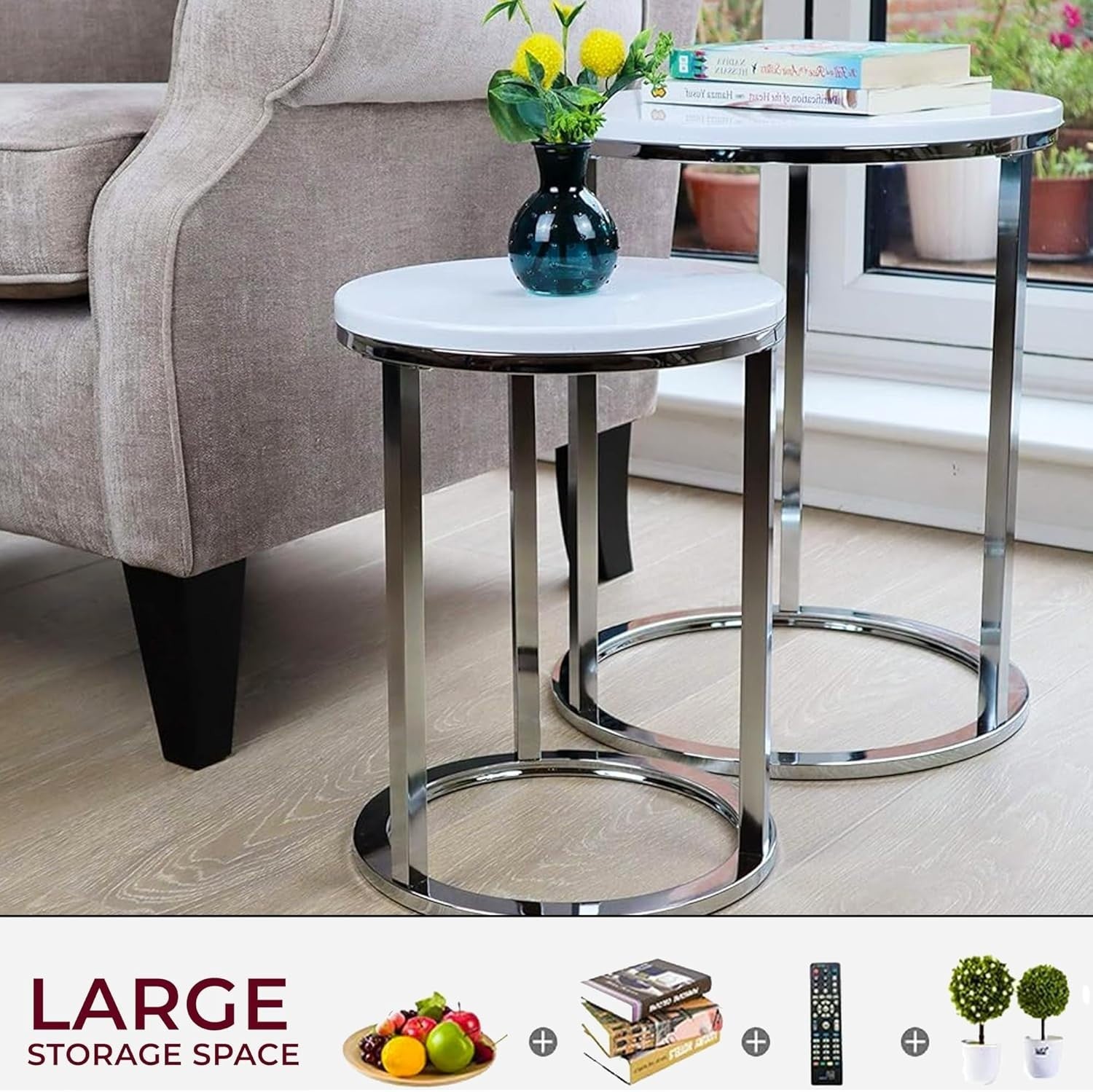 Space Saving White Nesting Side End Tables Set of 2 Chrome Legs Living Room
