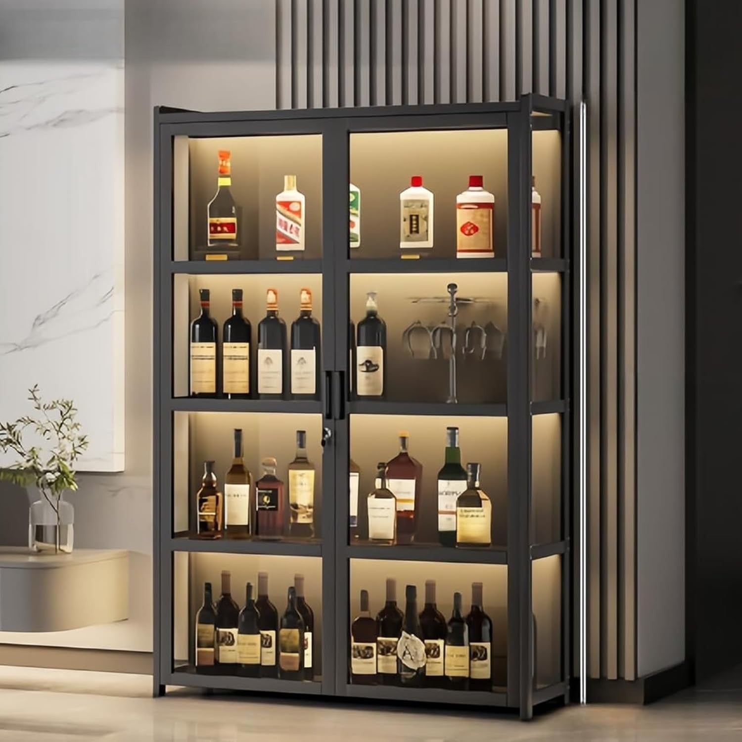 Large LED Lockable Wine Bar Cabinet Drinks Display Sideboard Storage Unit 138cm