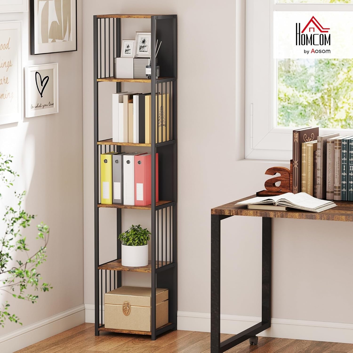 Tall 5-Tier Industrial Bookcase with Steel Frame & Open Shelves – Rustic Brown