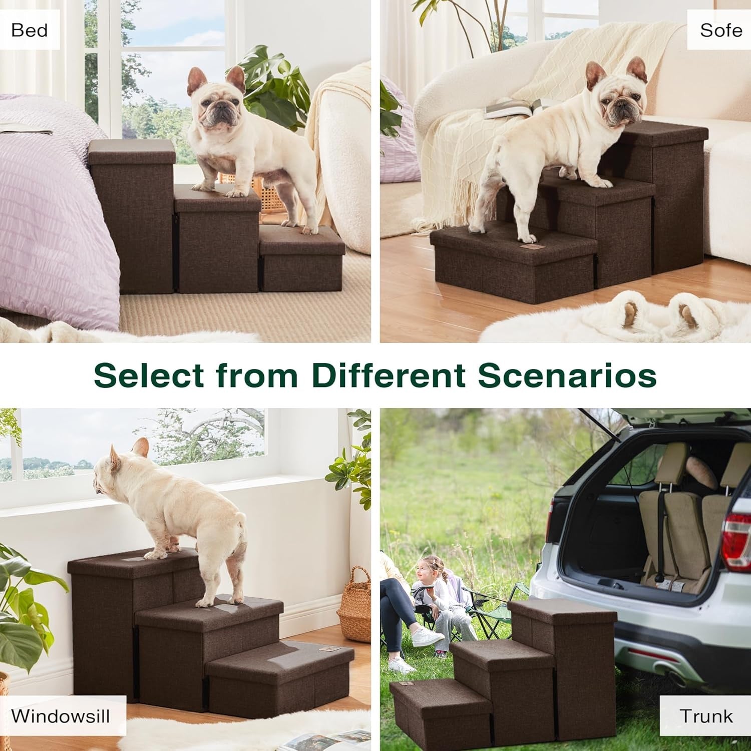 Dog Stairs 3 Step with Storage 18" High Foldable Pet Steps Coffee