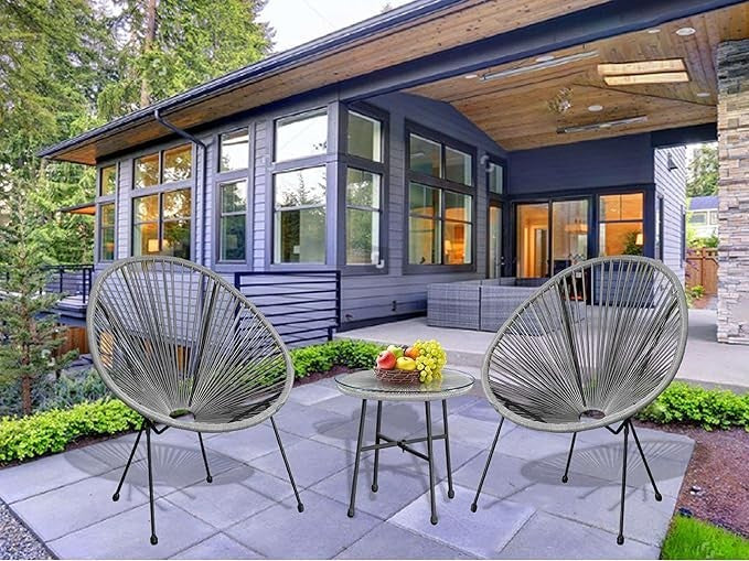 3pc Egg Chair Patio Set Grey Indoor Outdoor Bistro Furniture w/ Table