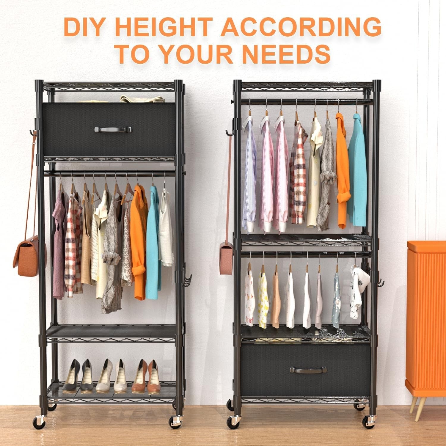4-Tier Adjustable Clothes Rail with Drawer & Hooks – Black 200cm