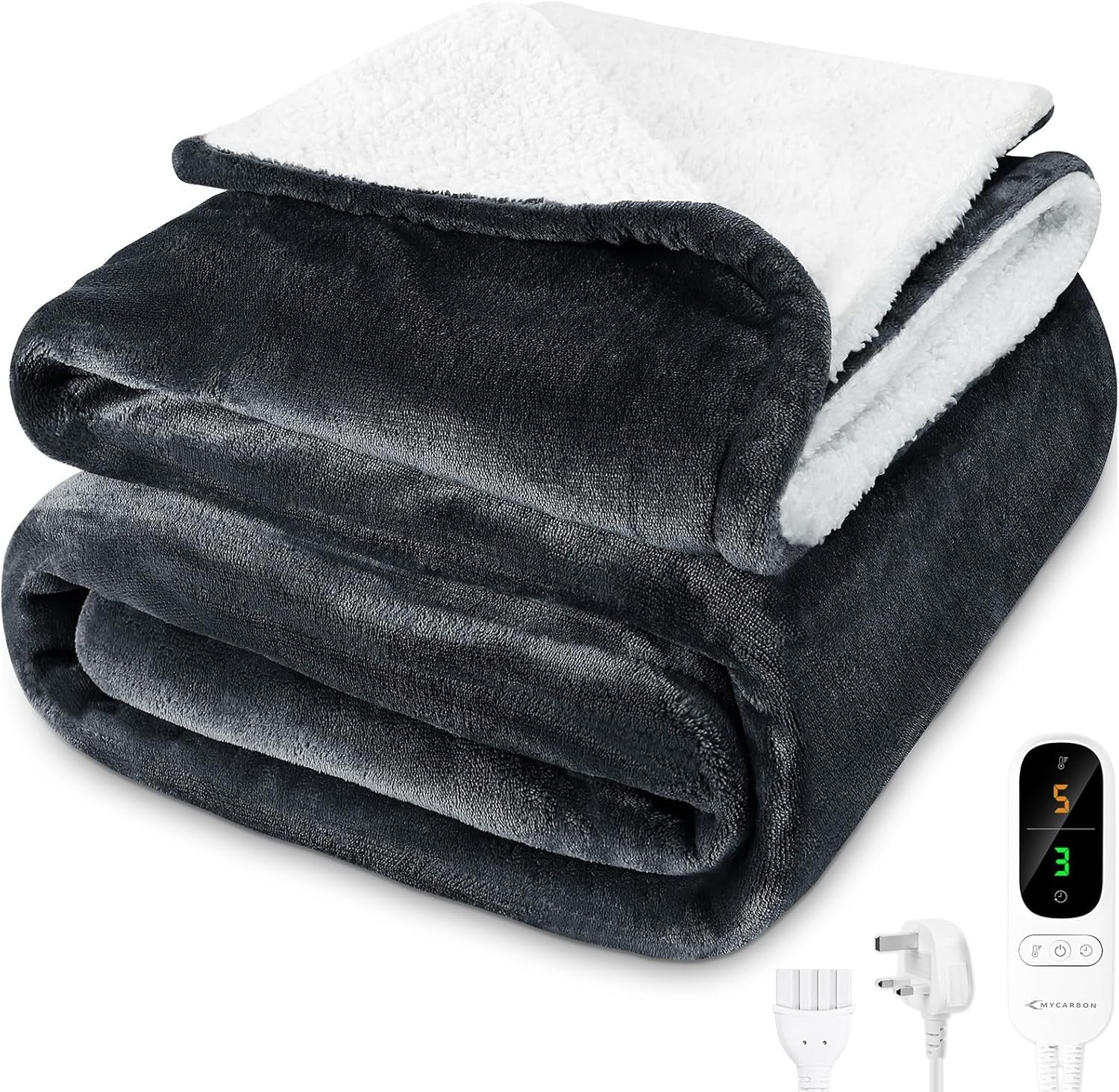 Electric Heated Throw Blanket 160x180cm Sherpa Fleece 6 Heat Grey