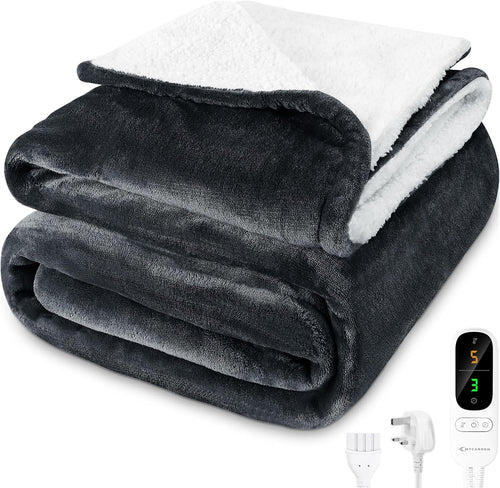 Electric Heated Throw Blanket 160x180cm Sherpa Fleece 6 Heat Grey