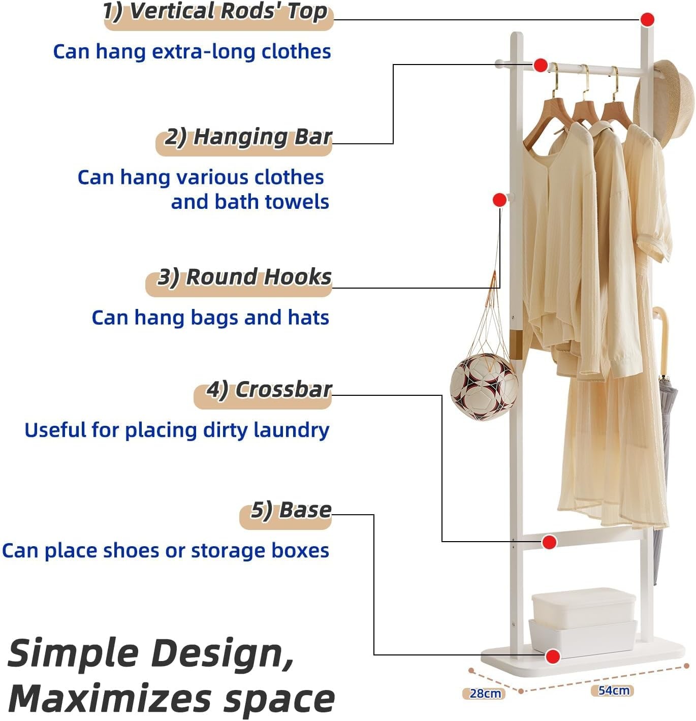 Modern Wooden Free Standing Coat Rack 180cm 5 Hooks Organizer Hanger Stand
