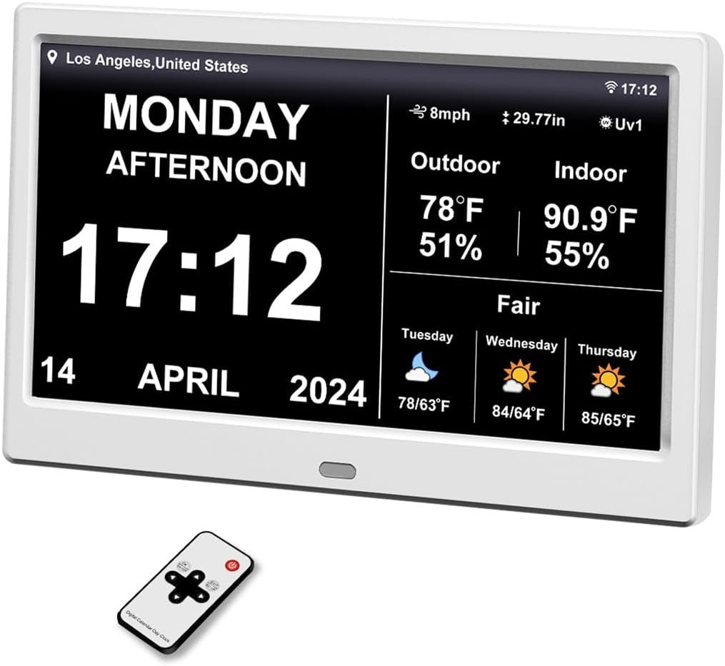 Large Digital Clock 10.1in Display Temperature Humidity Elderly Alarms