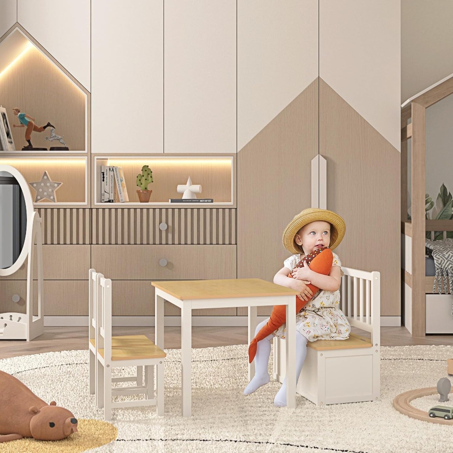 Kids 4-Piece Table & Chair Set with Storage Bench, Safe & Modern Design