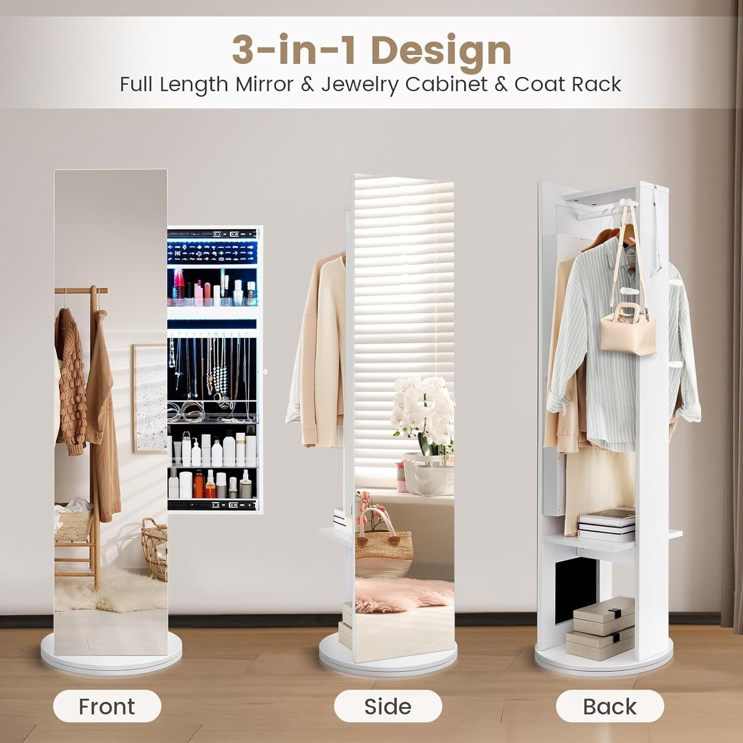360° Swivel Jewelry Cabinet LED Mirror Coat Rack Storage Organizer