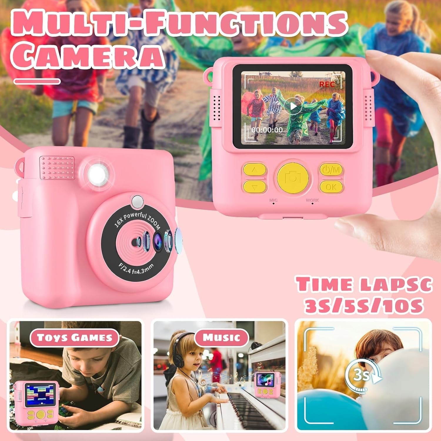 Kids Instant Print Camera Pink 1080P HD Toy Camera Gift for Girls 3–10 Years