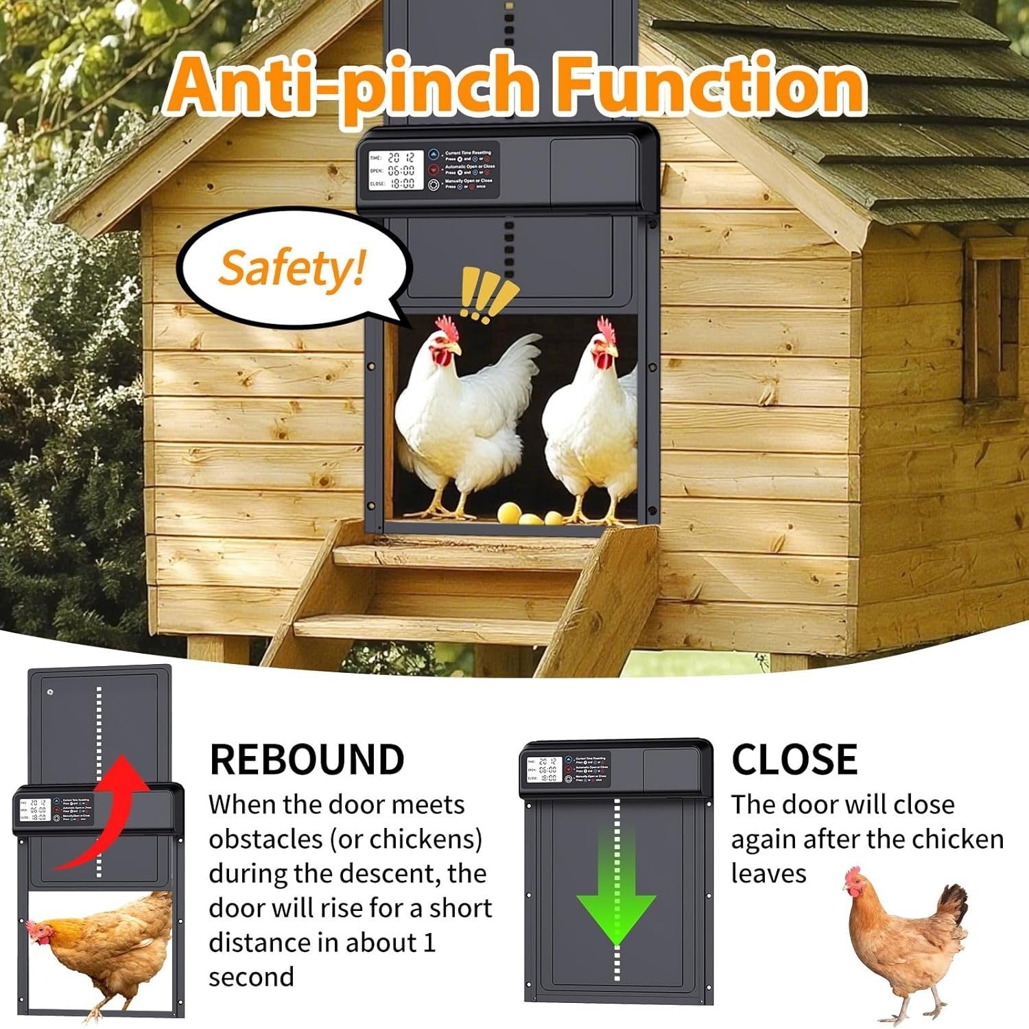 Automatic Chicken Coop Door Battery Powered Timer LCD Anti Pinch Waterproof