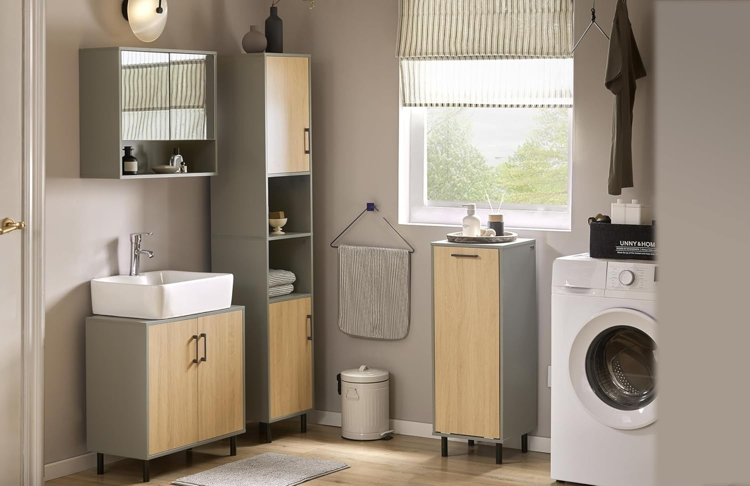 Slim Bathroom Laundry Cabinet with Fold Out Basket Wood Storage Unit Grey