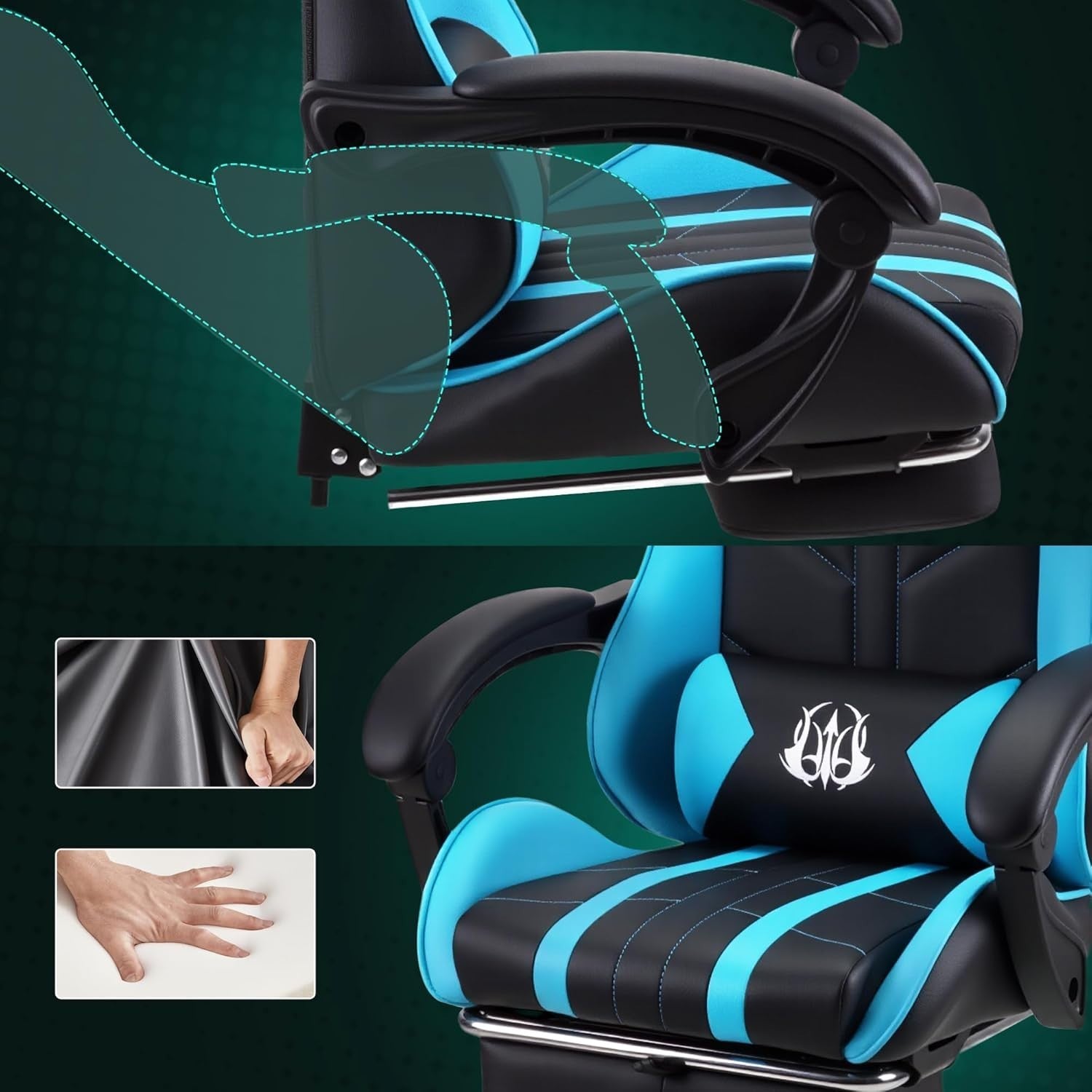 Ergonomic Gaming Chair Office Desk Chair Retractable Footrest Cyan PU Leather