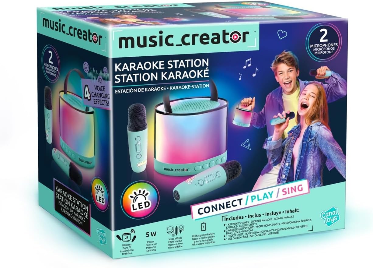 Pink Kids Karaoke Station 2 Wireless Mics LED Lights Bluetooth