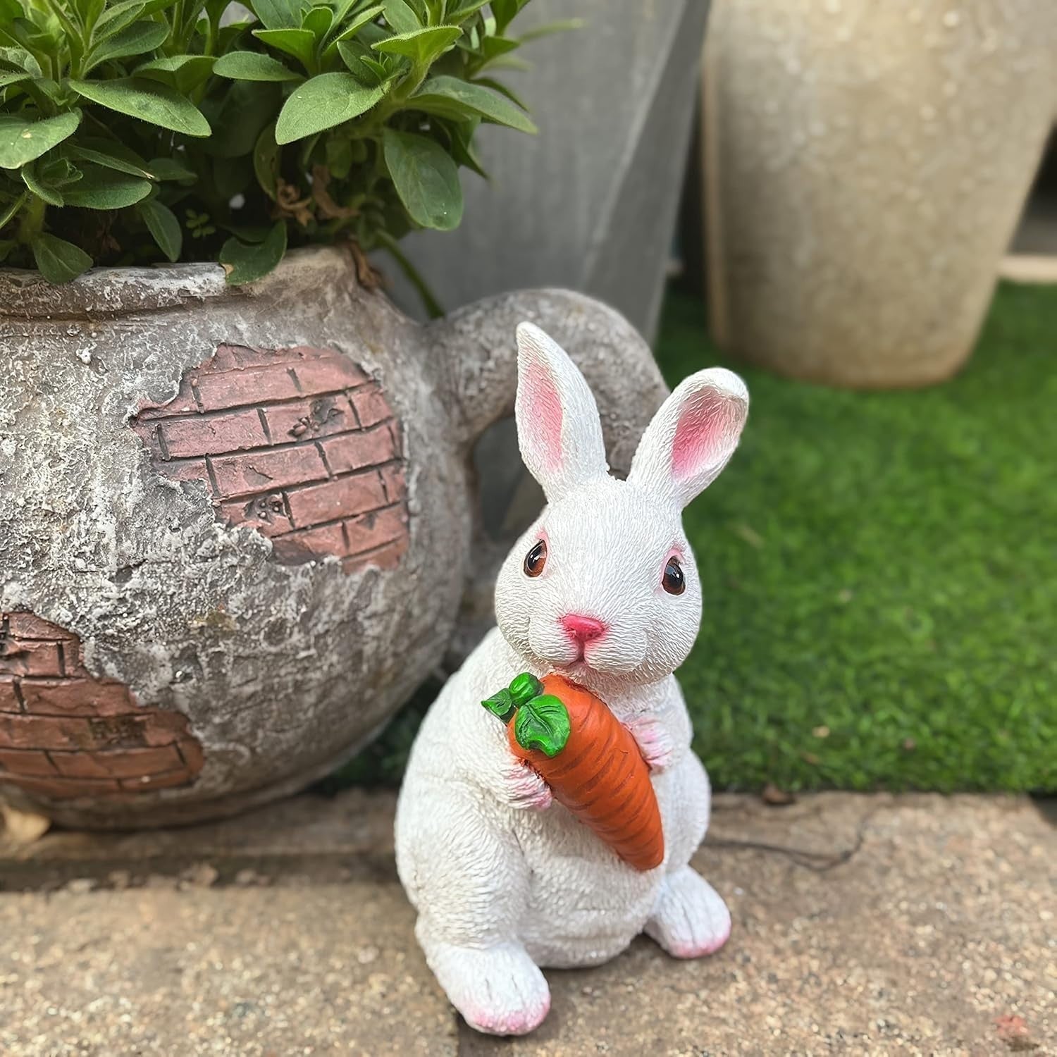 Set of 2 White Rabbit Garden Ornaments • Resin Outdoor Figurines
