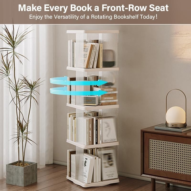 360° Rotating  Round Plastic Corner Bookshelf 4-Tier Floor Standing Shelf White