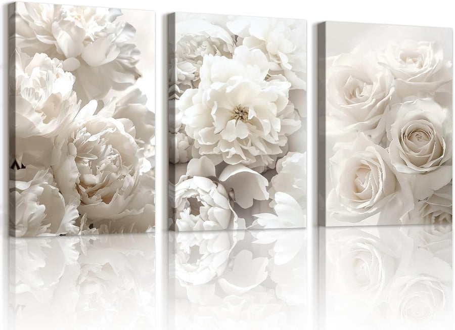 White Floral Canvas Wall Art Set of 3 Framed 40x60cm
