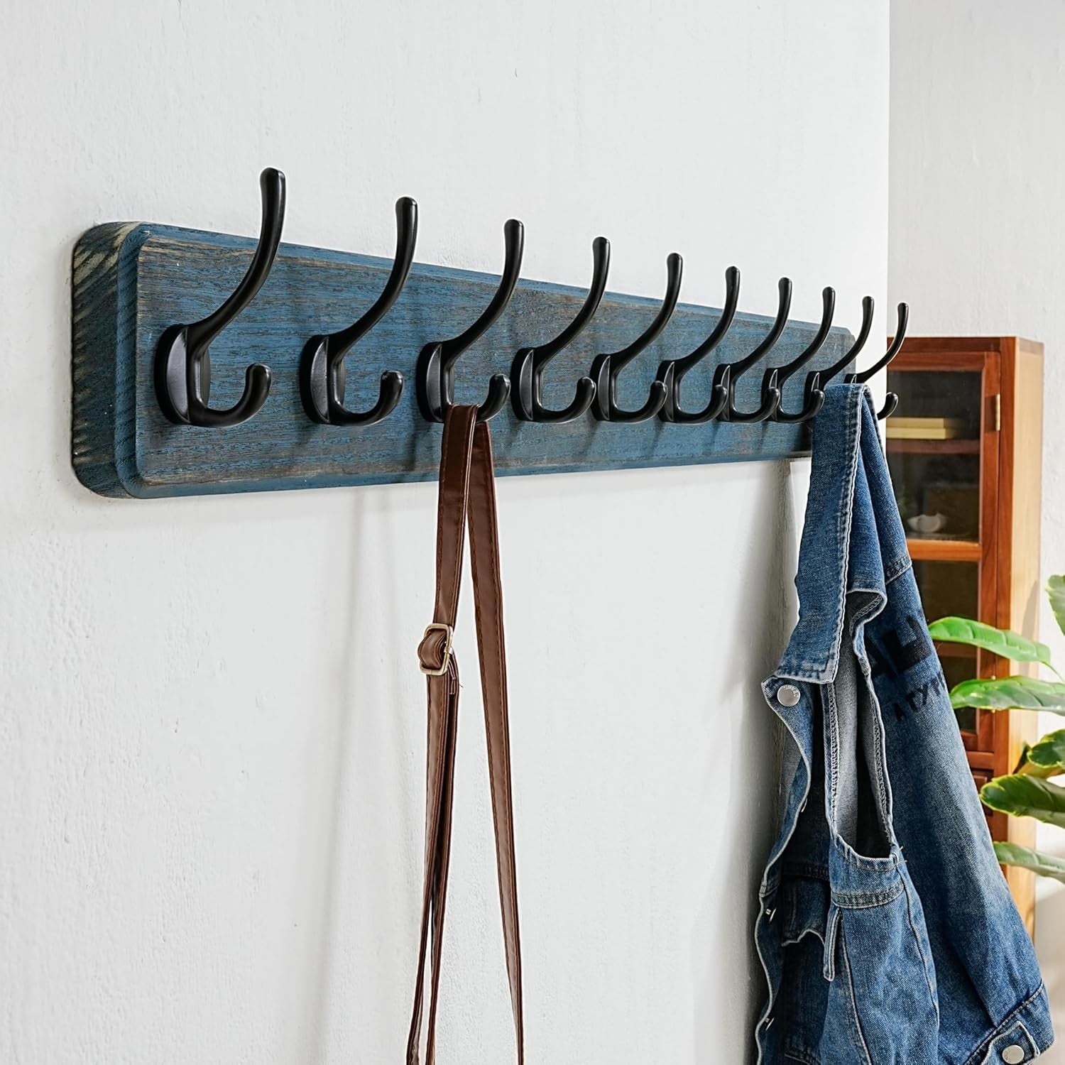 Wooden Wall Mounted Coat Rack 97cm 10 Double Hooks Rustic Blue Hanger