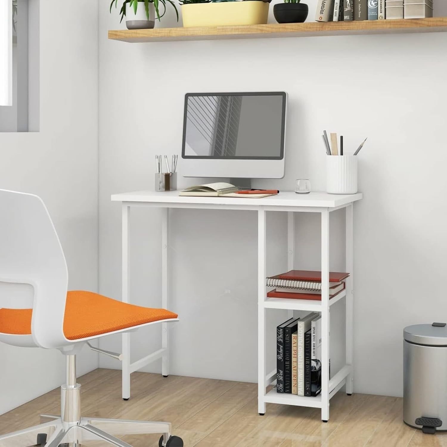 White Computer Desk 80cm with 2 Shelves MDF Metal Frame Home Office Table