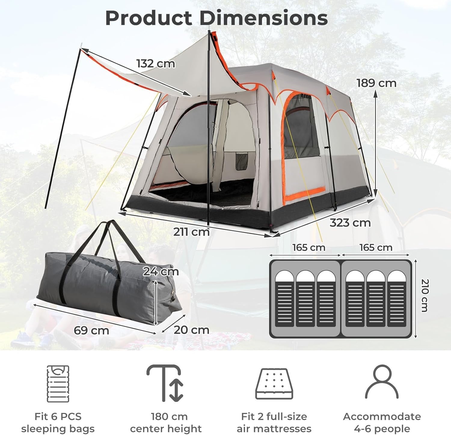 Spacious 4-6 Person Camping Tent Waterproof Rainfly Mesh Windows