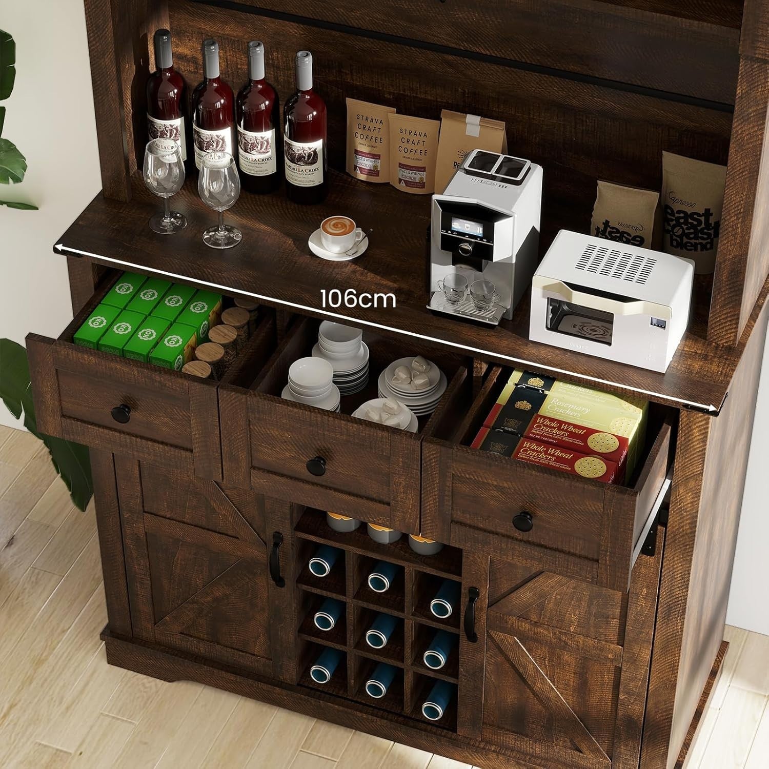 184cm Tall Kitchen Cupboard Brown | 4-Door Wine Rack Sideboard