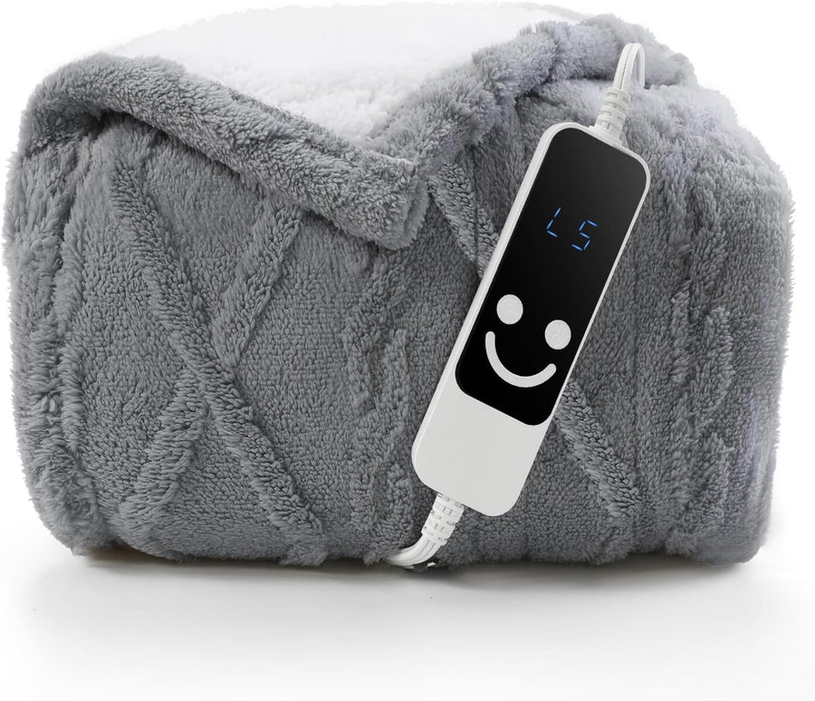 Electric Heated Throw Blanket Grey Sherpa Fleece 5 Heat Levels Auto Off 127x152c