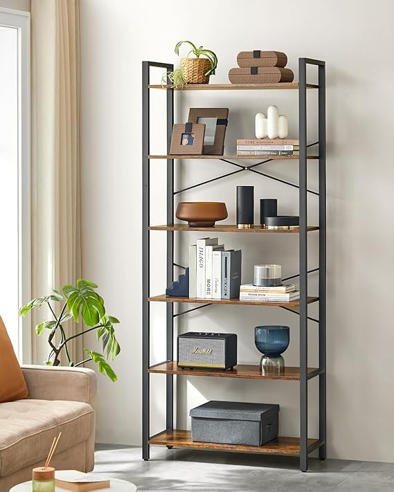 6-Tier Industrial Bookshelf Wide Rustic Brown Metal Wood Storage Unit