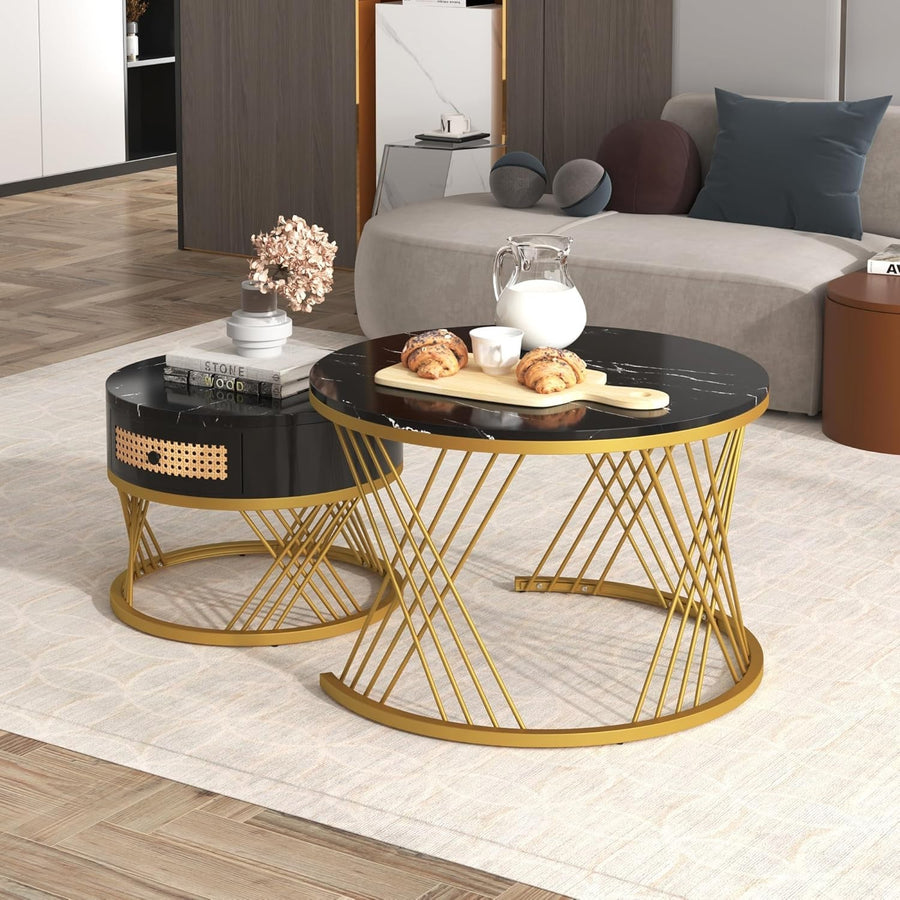Round Coffee Table Set 2 Piece Black Marble Rattan Storage Drawers Living Room