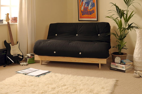 Black 4ft6 Double Futon Sofa Bed with Wooden Frame – Tufted Mattress