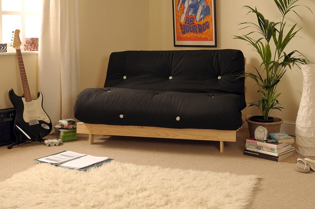 Black 4ft6 Double Futon Sofa Bed with Wooden Frame – Tufted Mattress