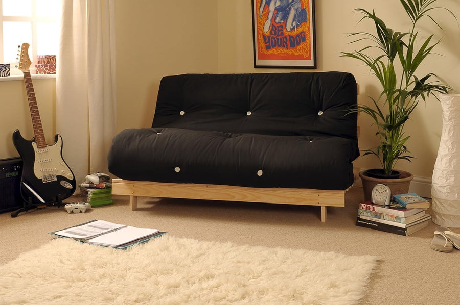 Black 4ft6 Double Futon Sofa Bed with Wooden Frame – Tufted Mattress