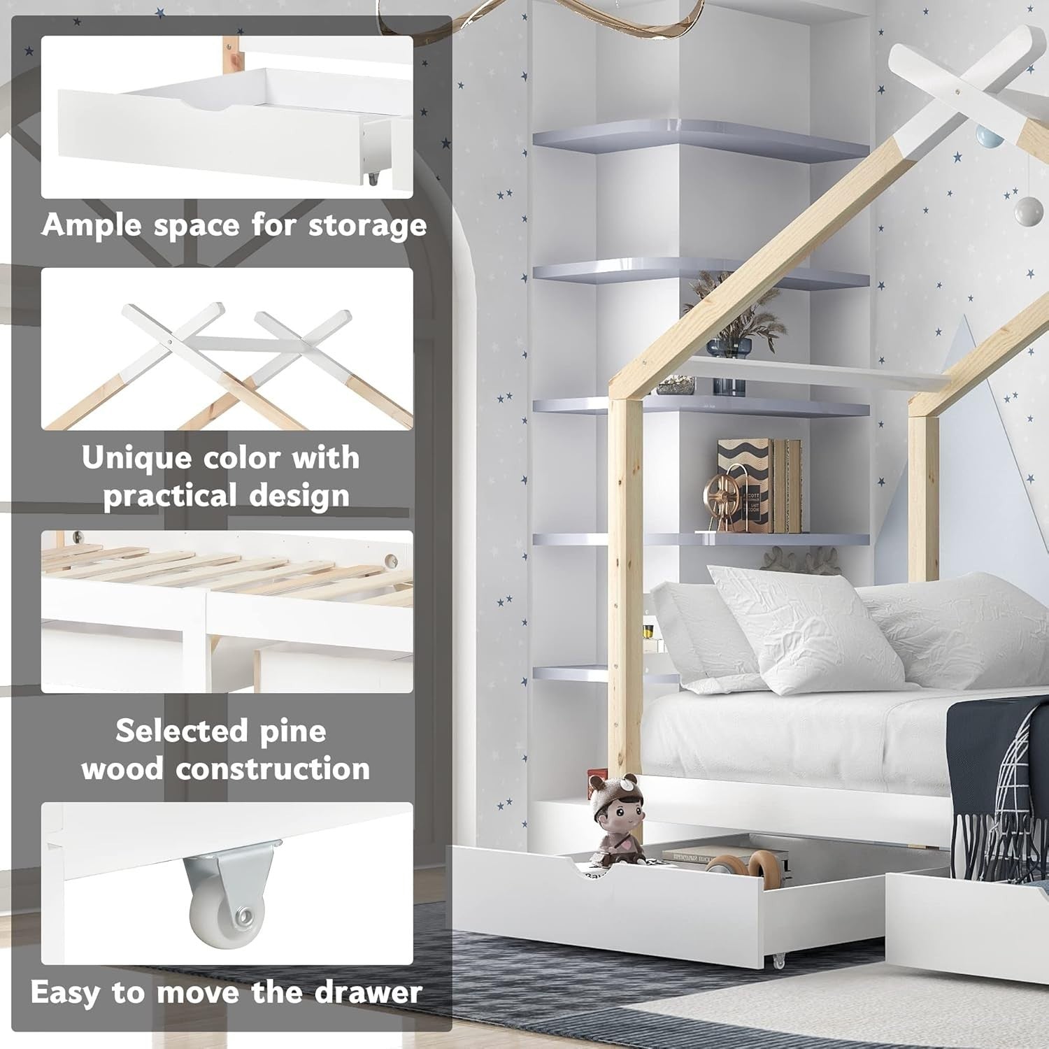 3FT Kids Canopy Bed Frame with Storage Drawer, Solid Wood House Bed