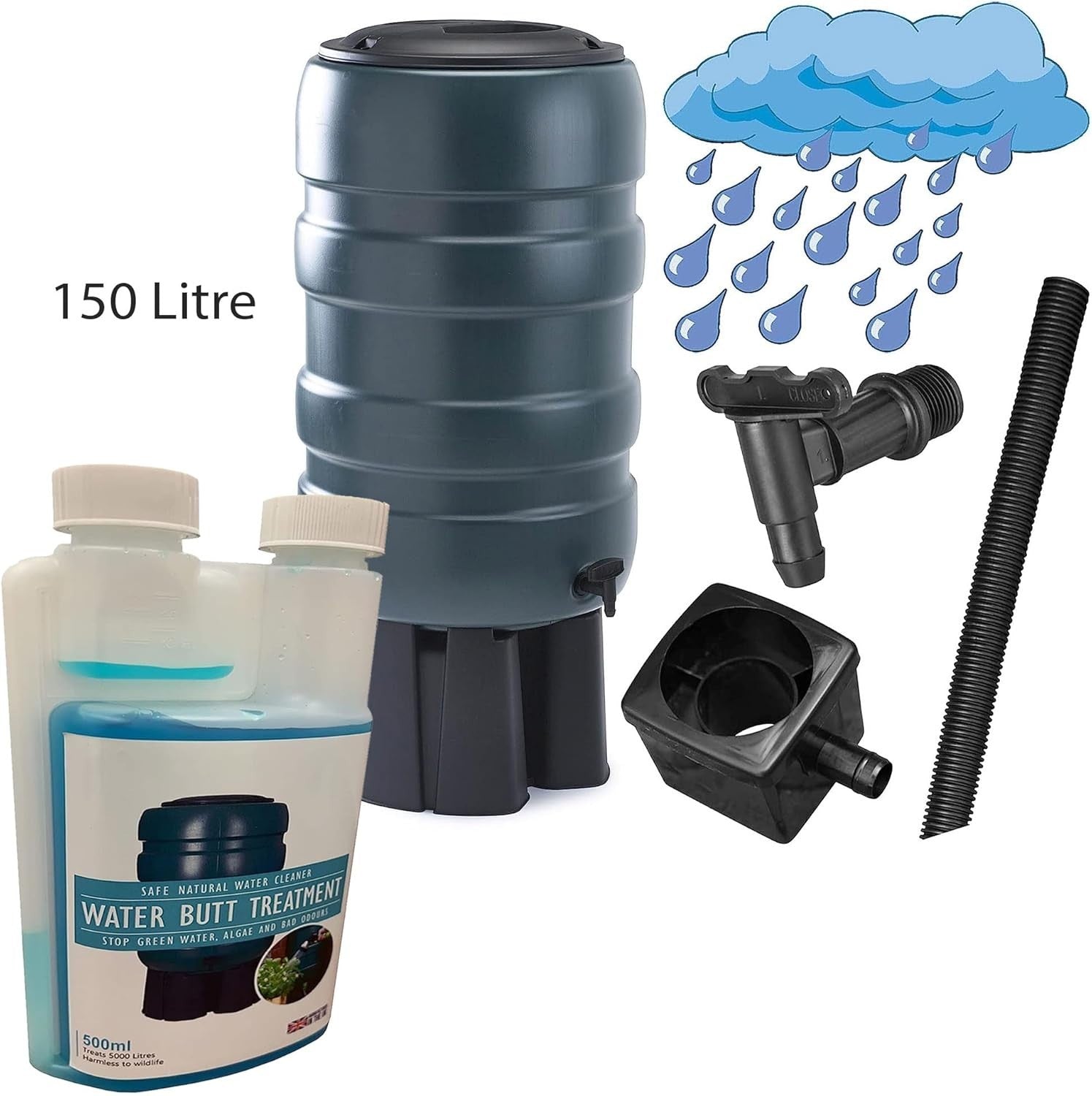 150L Water Butt with Tap, Diverter & Treatment Cleaner, Round, Garden Kit