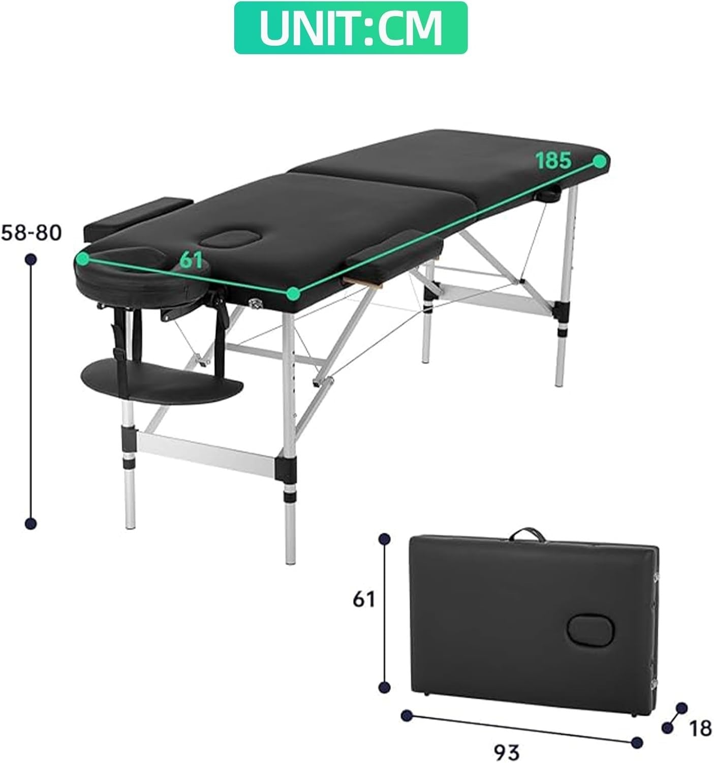 Portable Aluminium Massage Table Adjustable Spa Facial Tattoo Bed w/ Face Hole