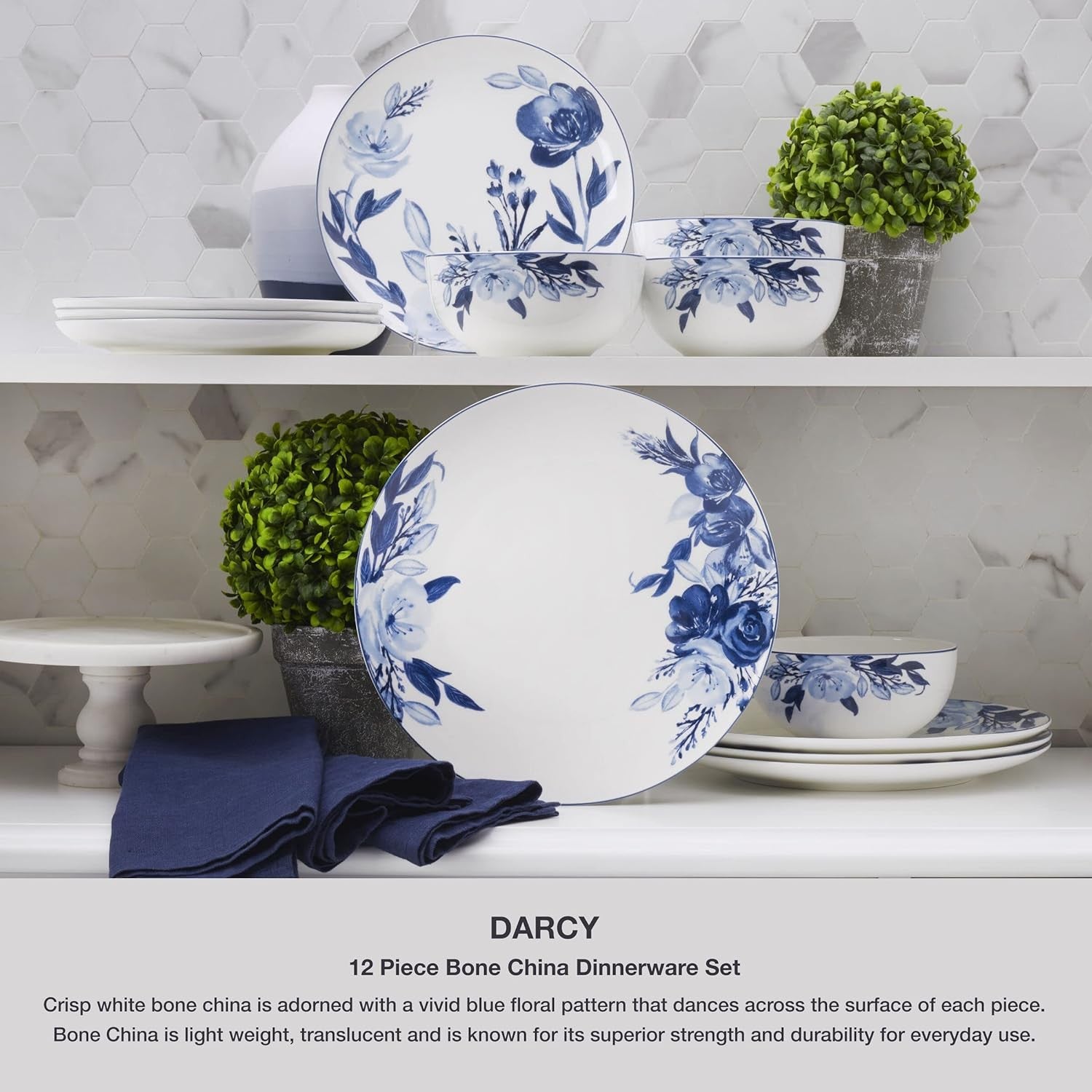 12pc Bone China Dinner Set Blue White Floral Plates Bowls Service for 4