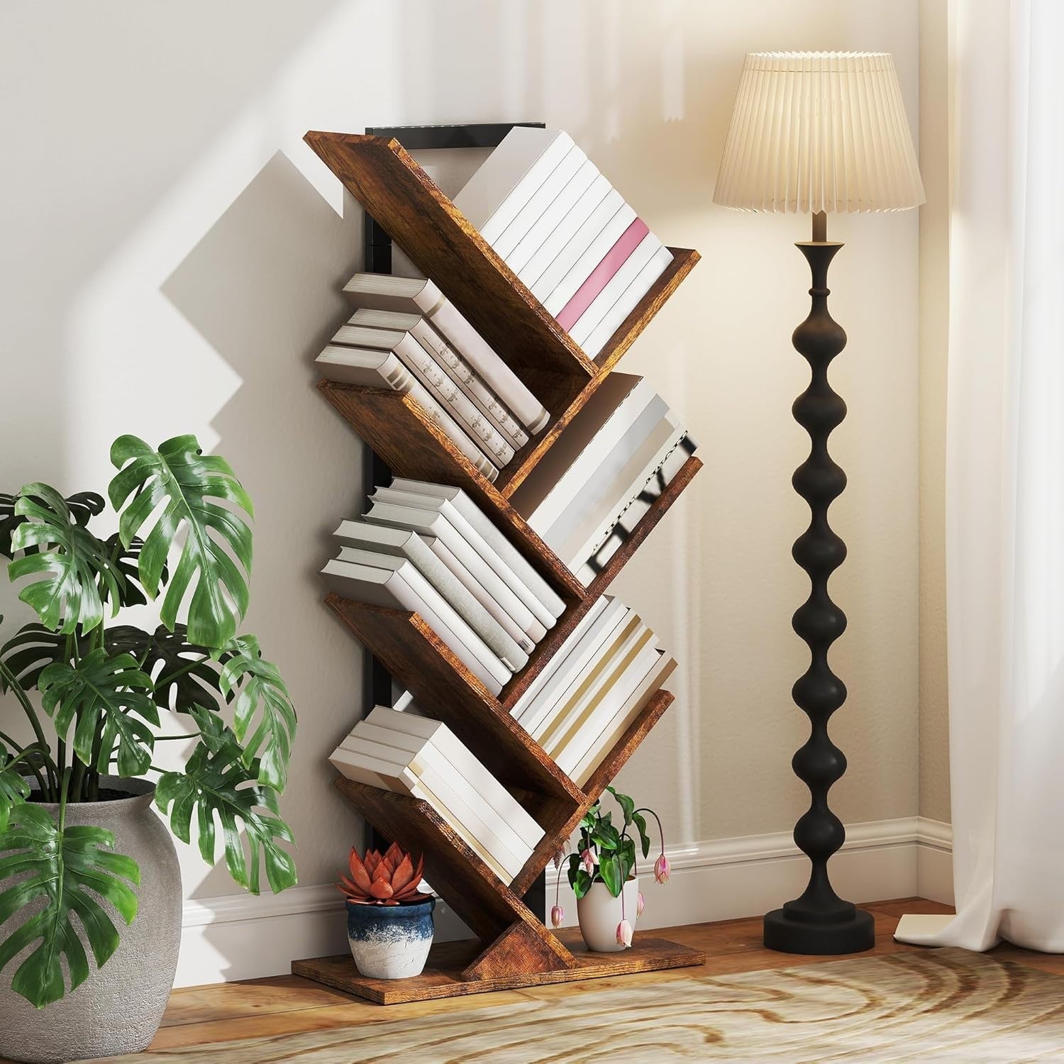 Industrial 7-Tier Tree Bookshelf with Steel Frame, Space-Saving Storage Unit