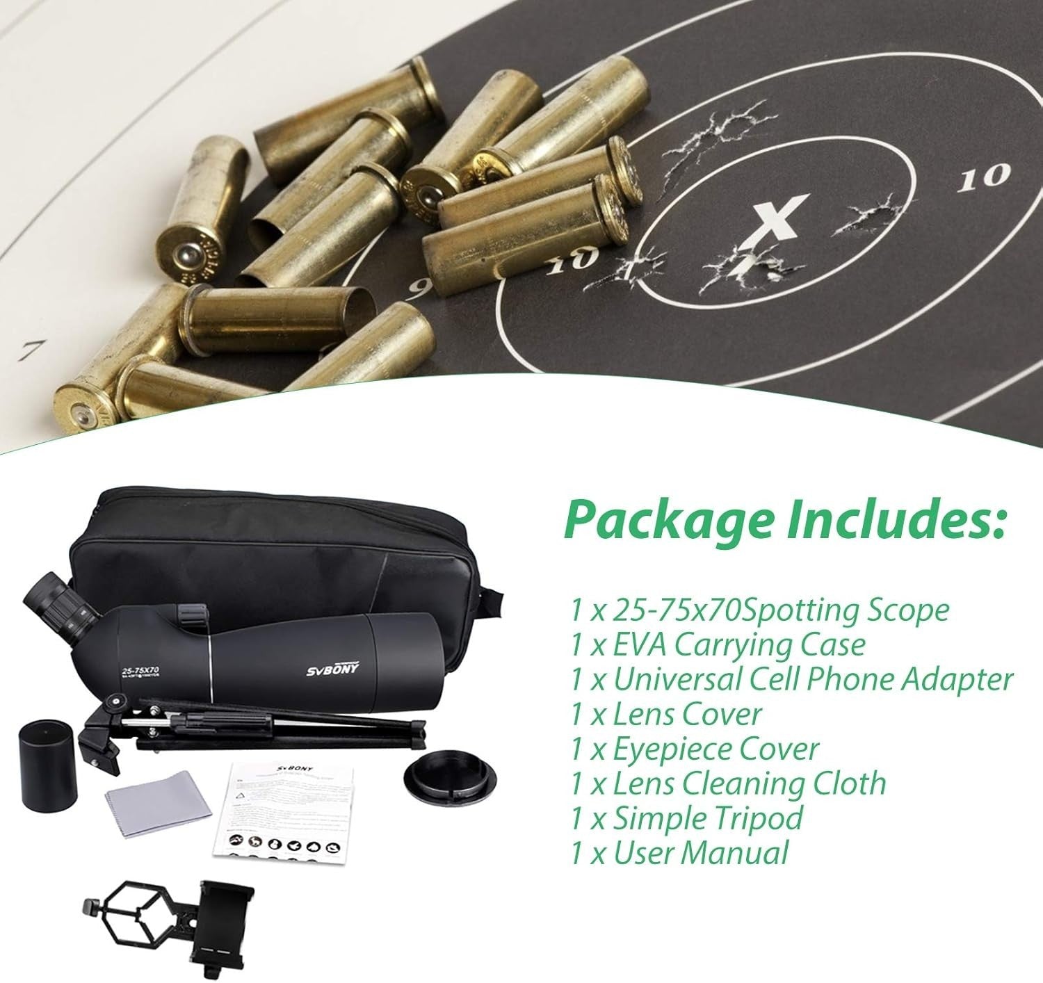 SV28 25-75x70 Black Spotting Scope HD BAK4 Prism Tripod