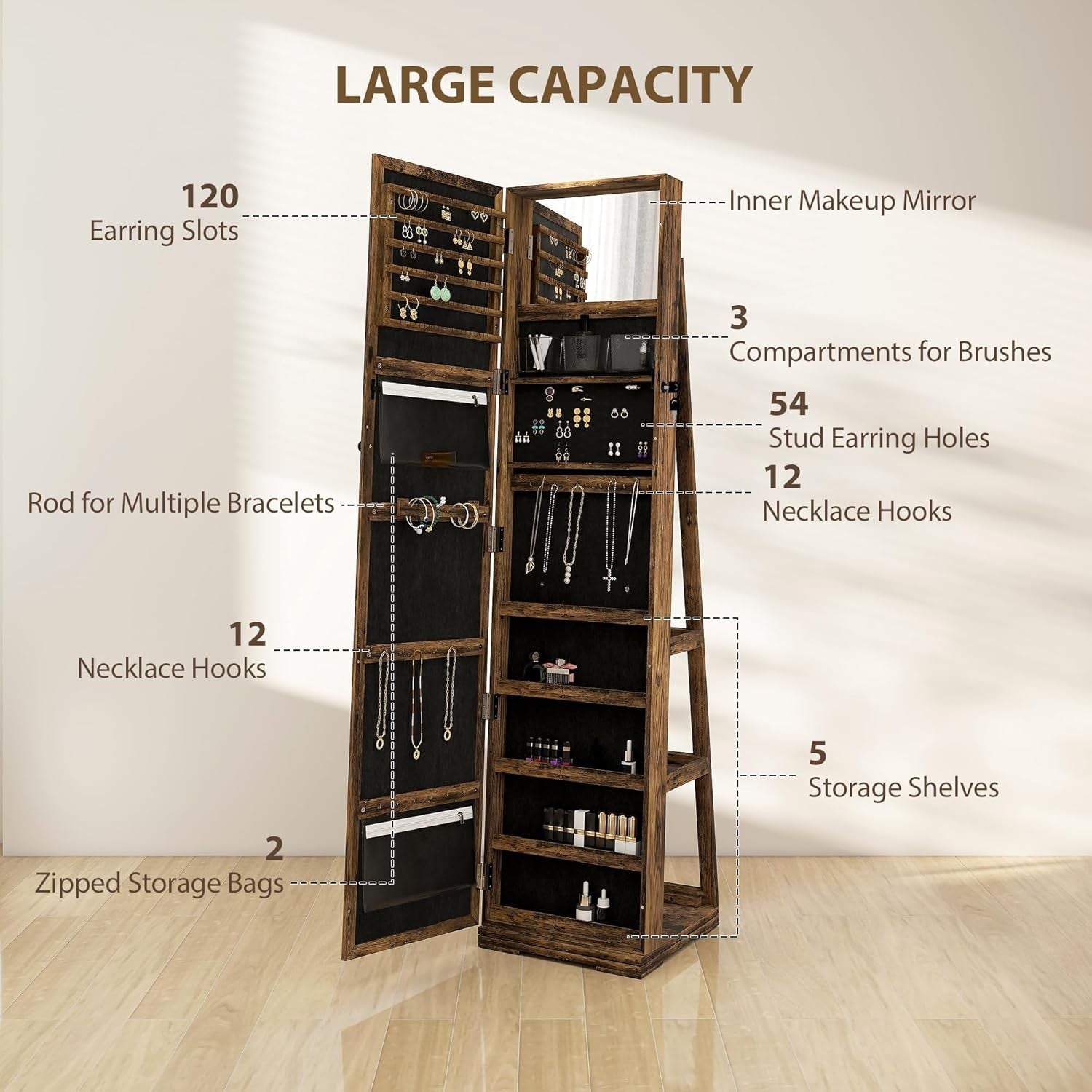 Rotating Jewelry Cabinet Full Length Mirror Lockable Freestanding Storage