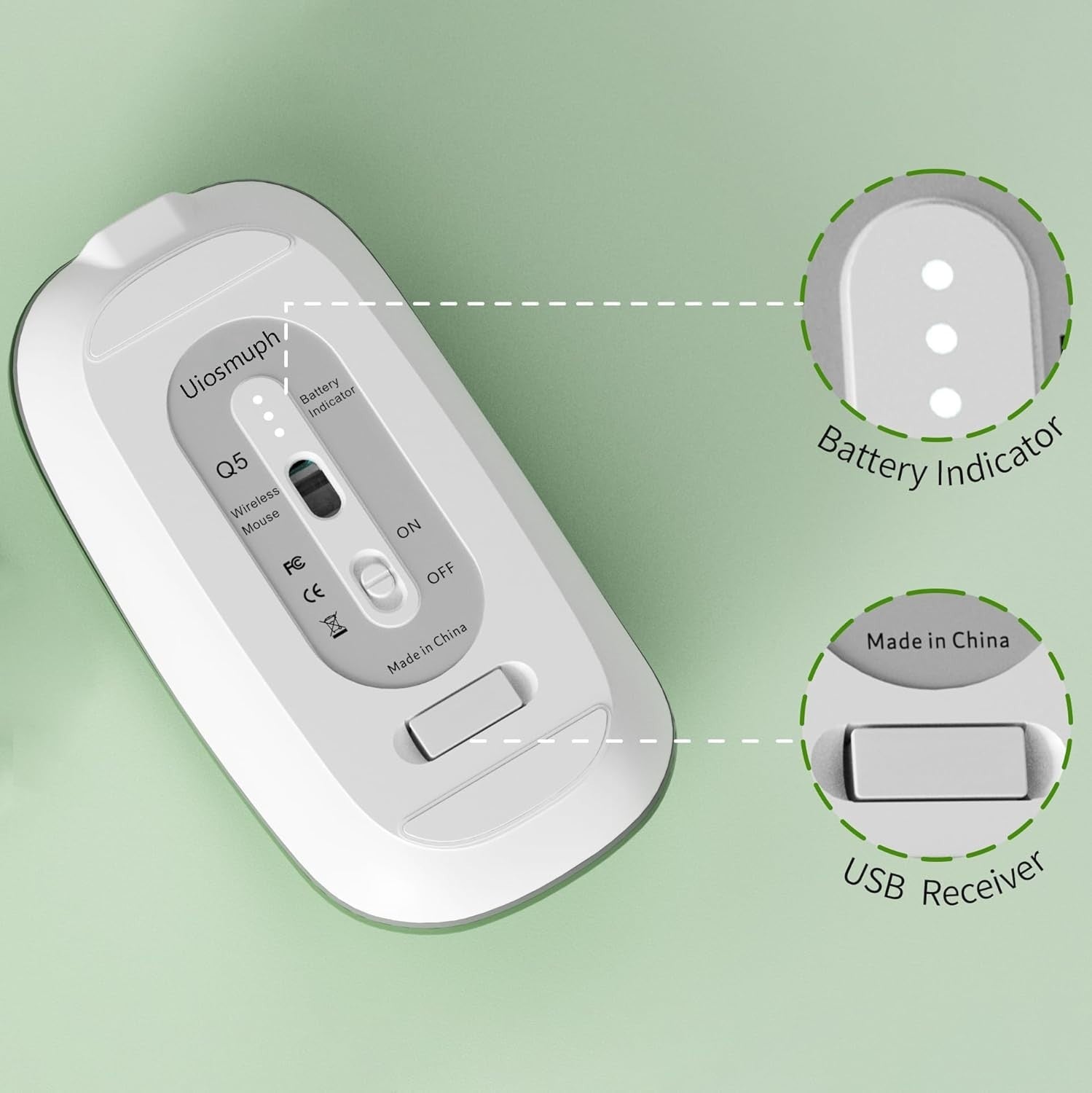 Rechargeable Silent Wireless Mouse Slim 2.4G 1600 DPI Green