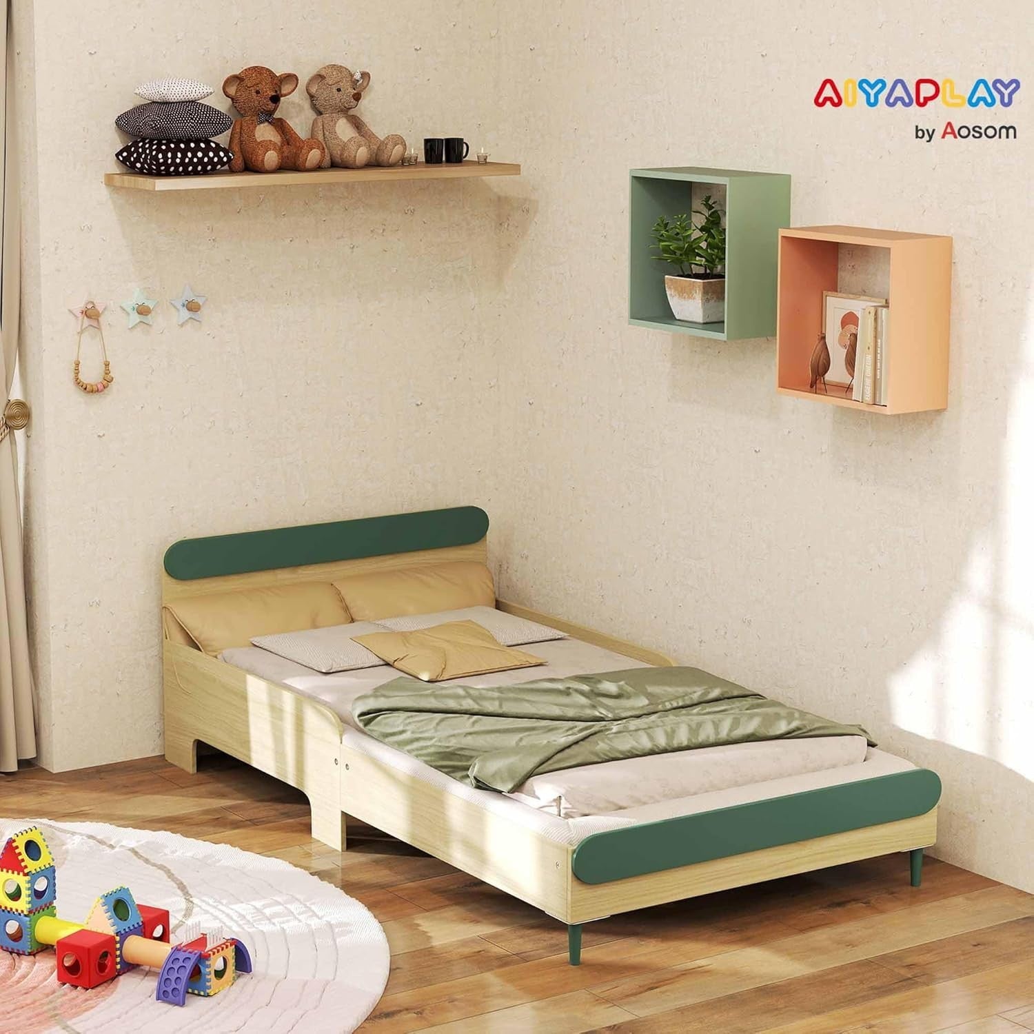 Toddler Bed with Safety Rail Montessori Kids Wooden Frame Green 195x103cm