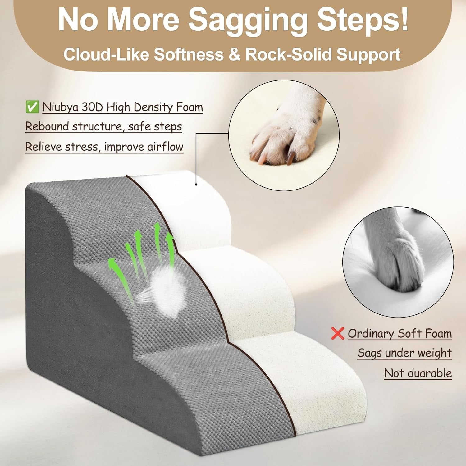 3 Step Dog Stairs Foam Pet Ramp for Sofa Bed Non Slip Grey
