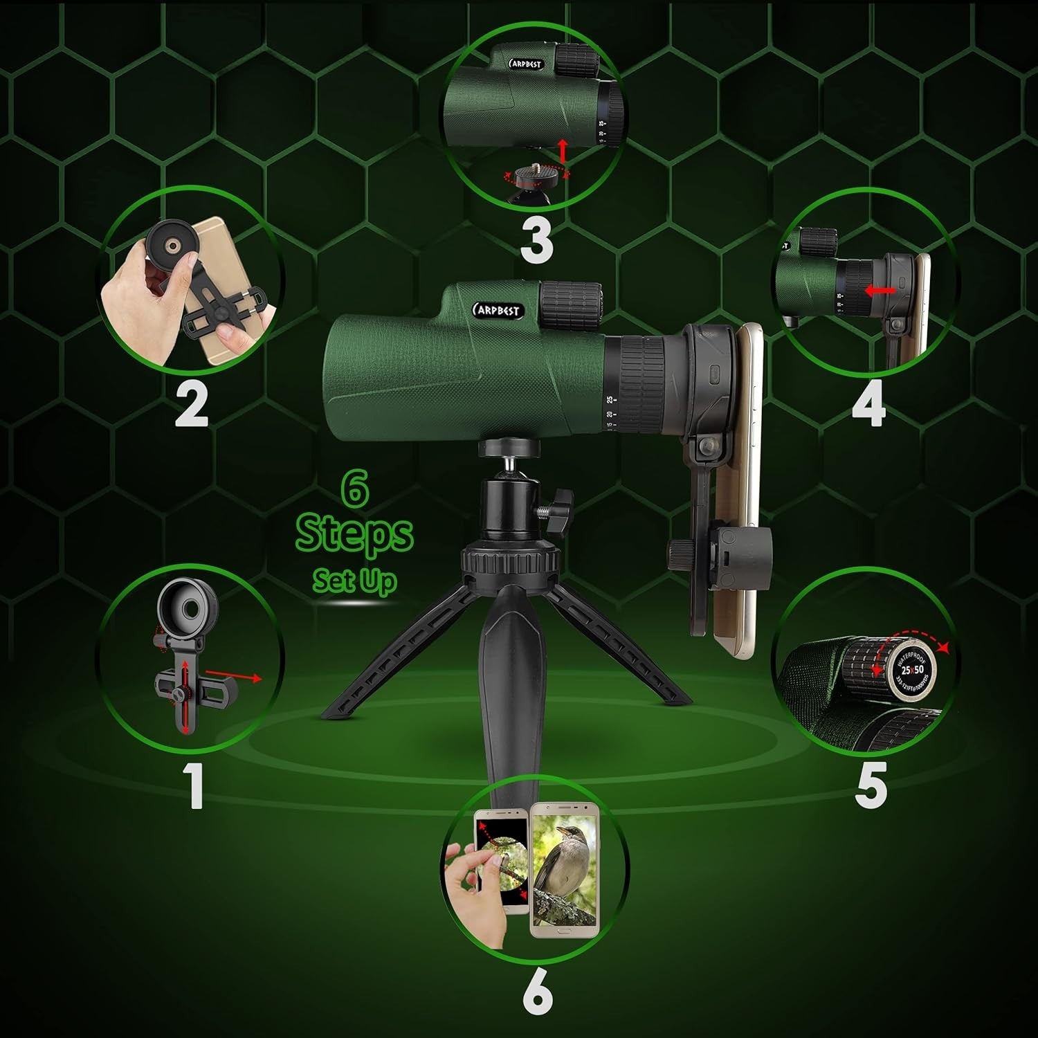 25x50 High Power Monocular with Phone Holder & Tripod BAK4 FMC Zoom Scope