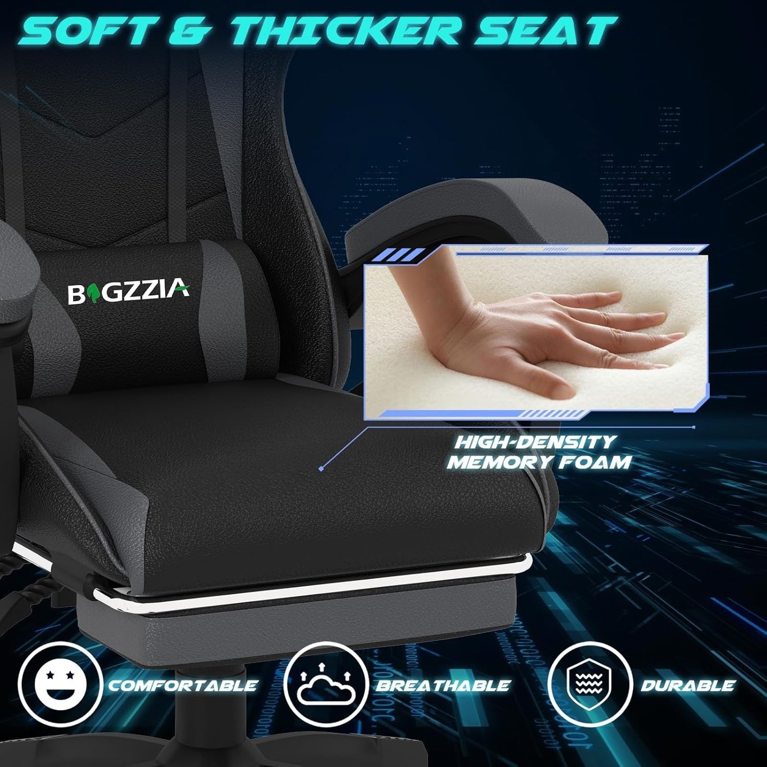 Gaming Chair PC Racing Seat LED Lights Faux Leather Recliner Ergonomic Grey