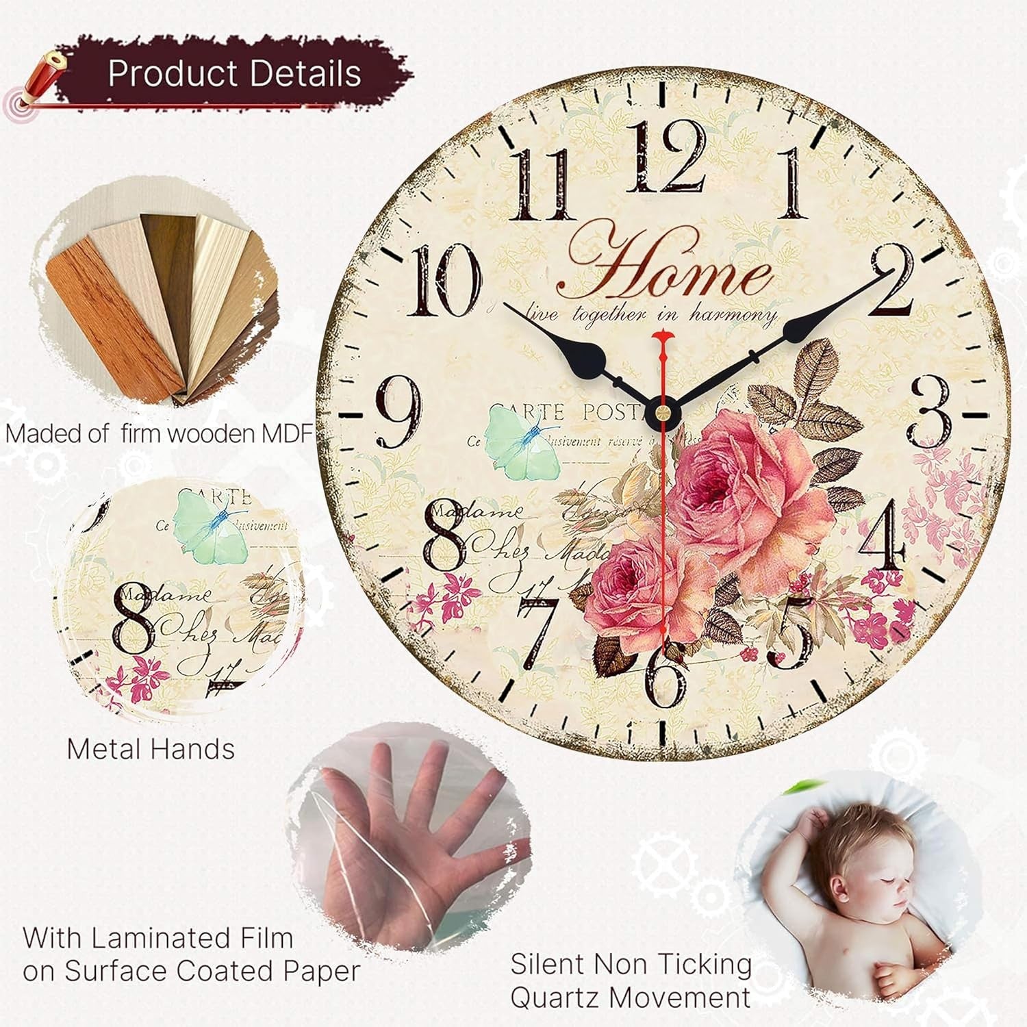 14” Vintage Floral Wall Clock Silent Non-Ticking Wooden Retro Arabic Numerals De