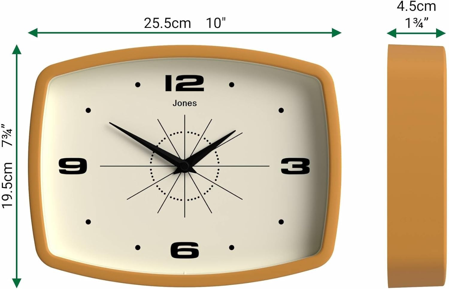 Retro 25cm Wall Clock Rectangle Silent Mustard Yellow Kitchen Home Decor