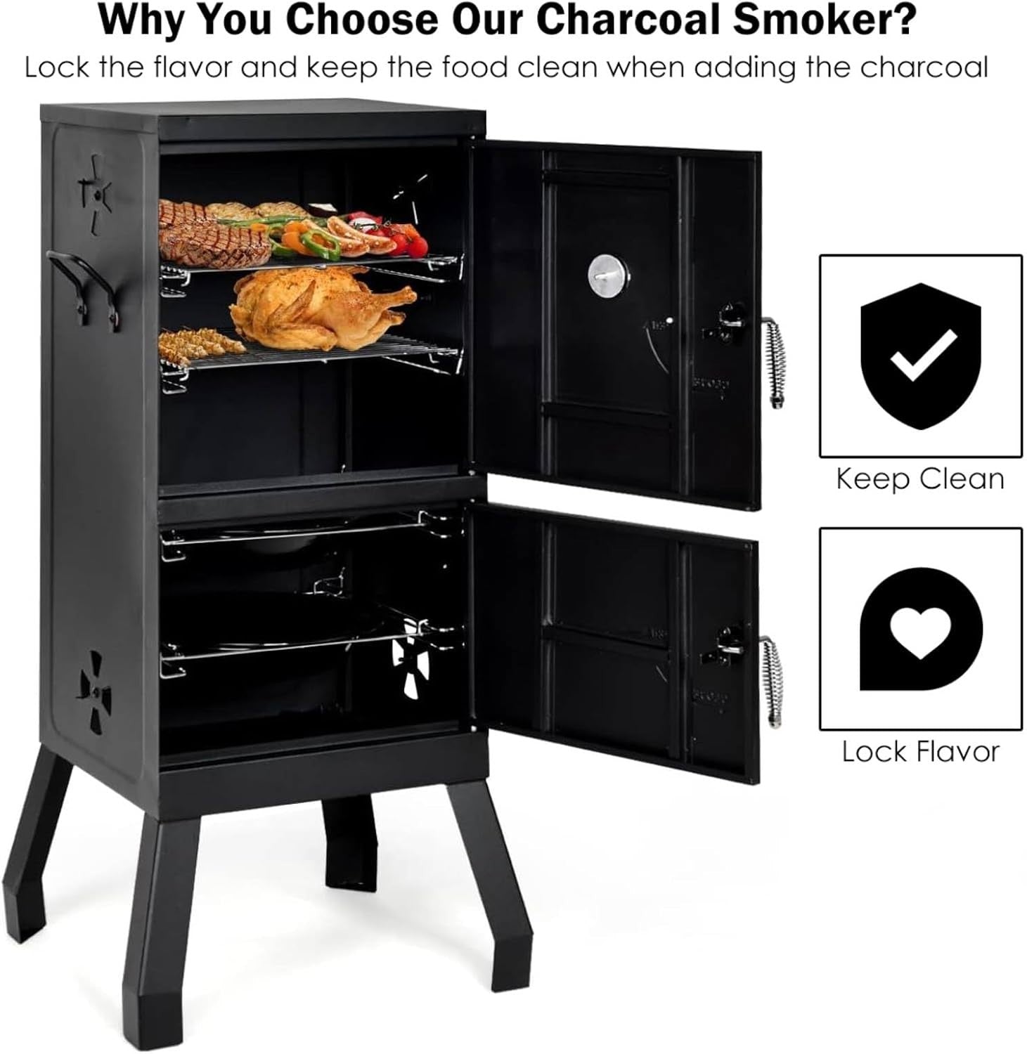 Vertical Charcoal BBQ Smoker with Thermometer, 2 Door Design, Adjustable Vents